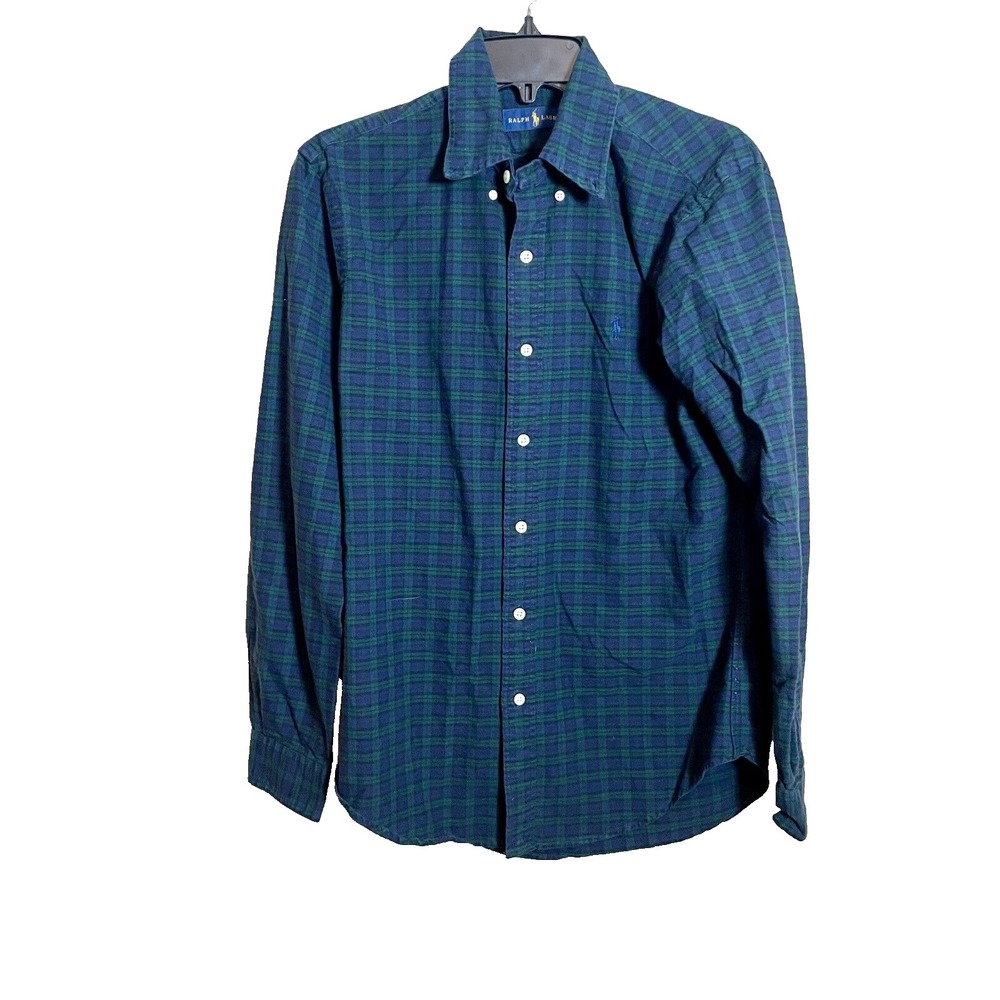 Ralph Lauren Button Down Dress Shirt Mens Small Navy Blue Plaid Long Sleeve